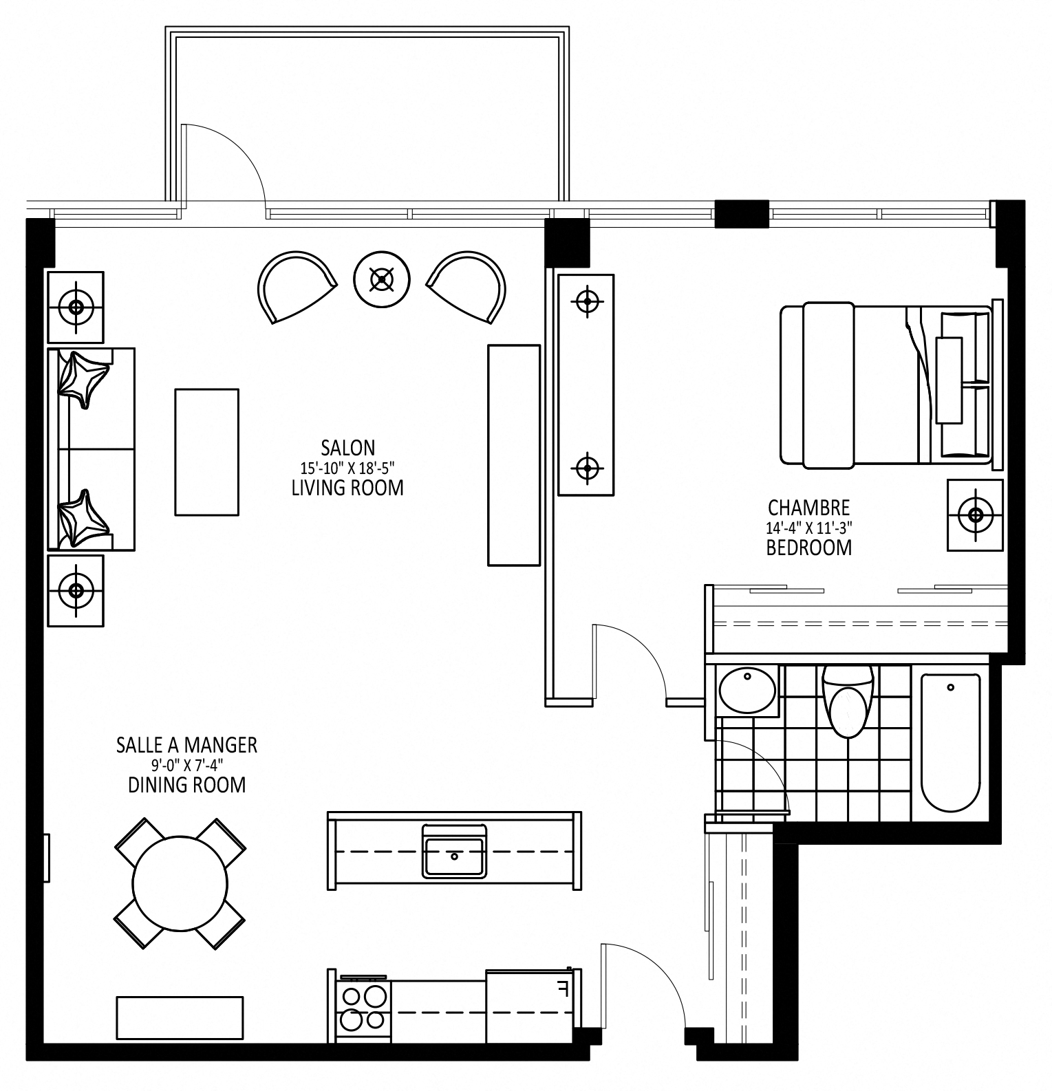 Floor plan for 1 bed, 1 bath, 790 sqft